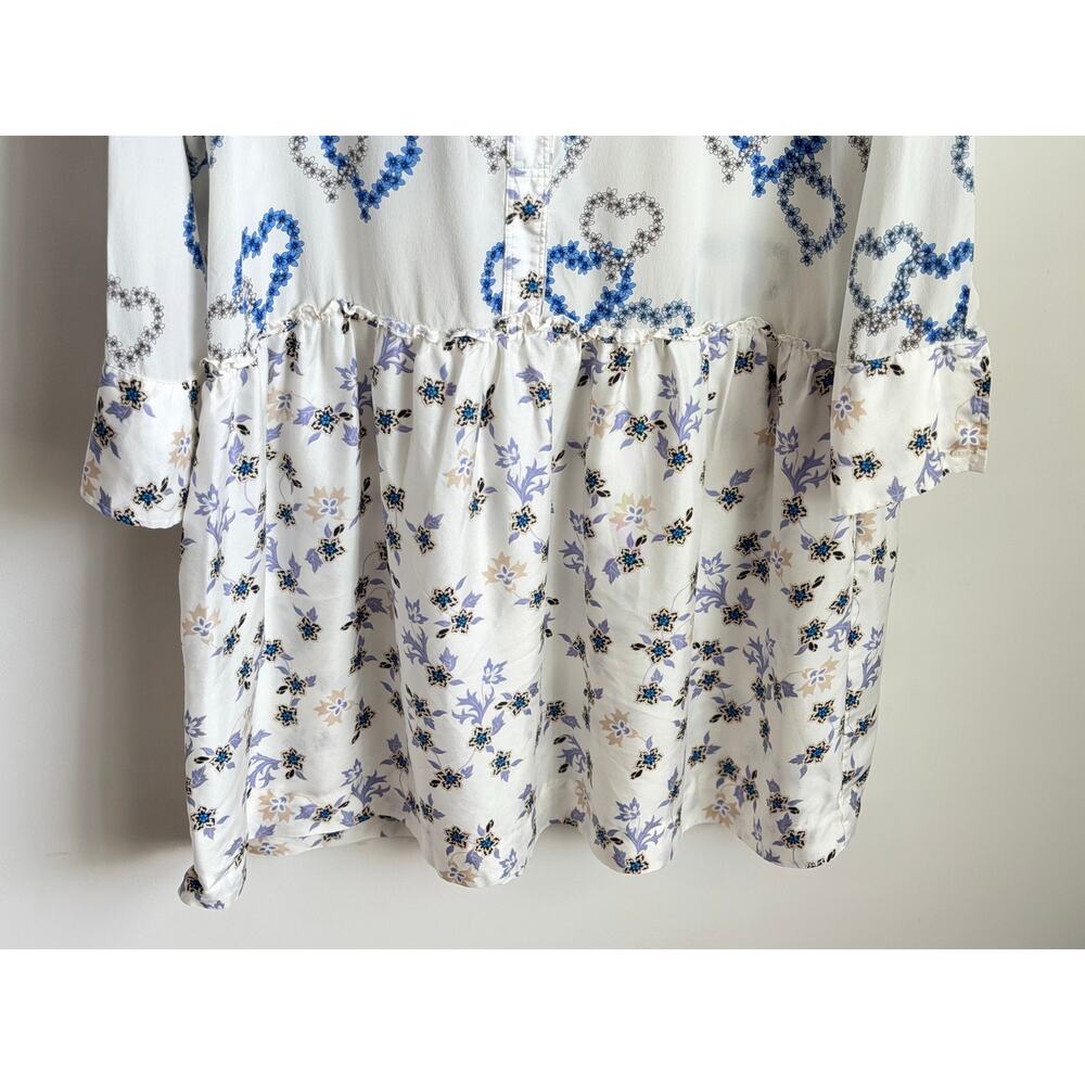 Sandro Paris Heart Print Long Sleeve Mini Shirt Dress White Blue Silk EU 38 M - Picture 4 of 11